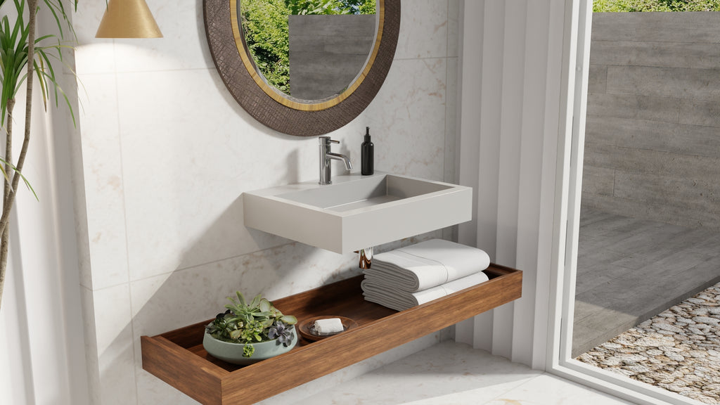 Badeloft WT-06-M glossy gray wall-mounted sink, bathroom lifestyle view 8