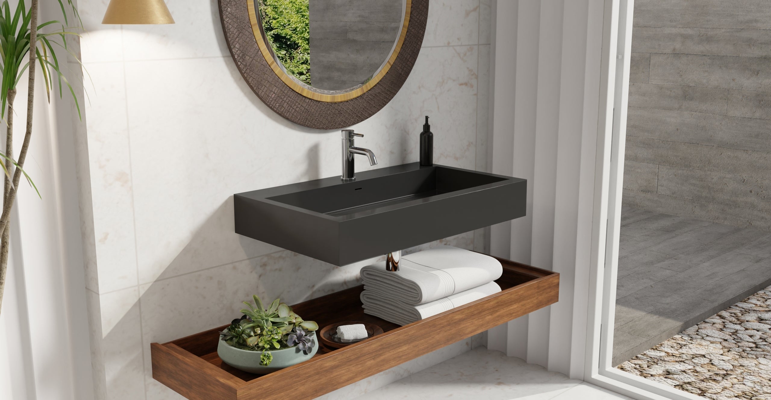 Badeloft WT-06-L glossy black wall-mounted sink, bathroom lifestyle view 8