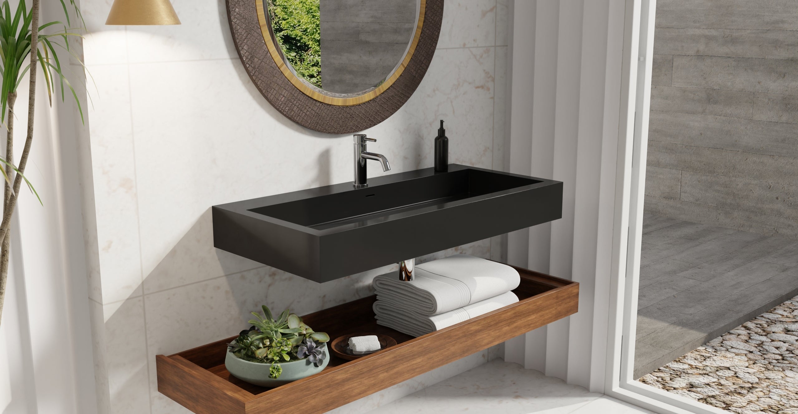 Badeloft WT-06-XL glossy black wall-mounted sink, bathroom lifestyle view 8