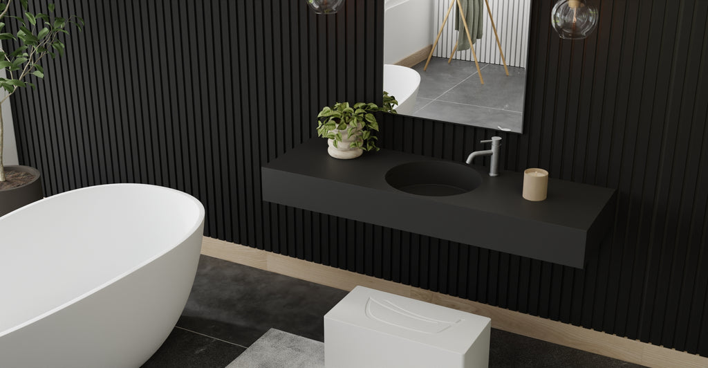 Badeloft WT-02-C glossy black wall-mounted sink, bathroom top-view lifestyle