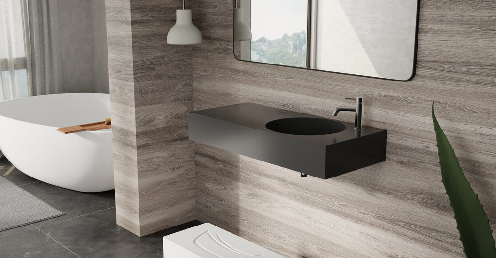 Badeloft WT-02-B glossy black wall-mounted sink, bathroom top-view lifestyle