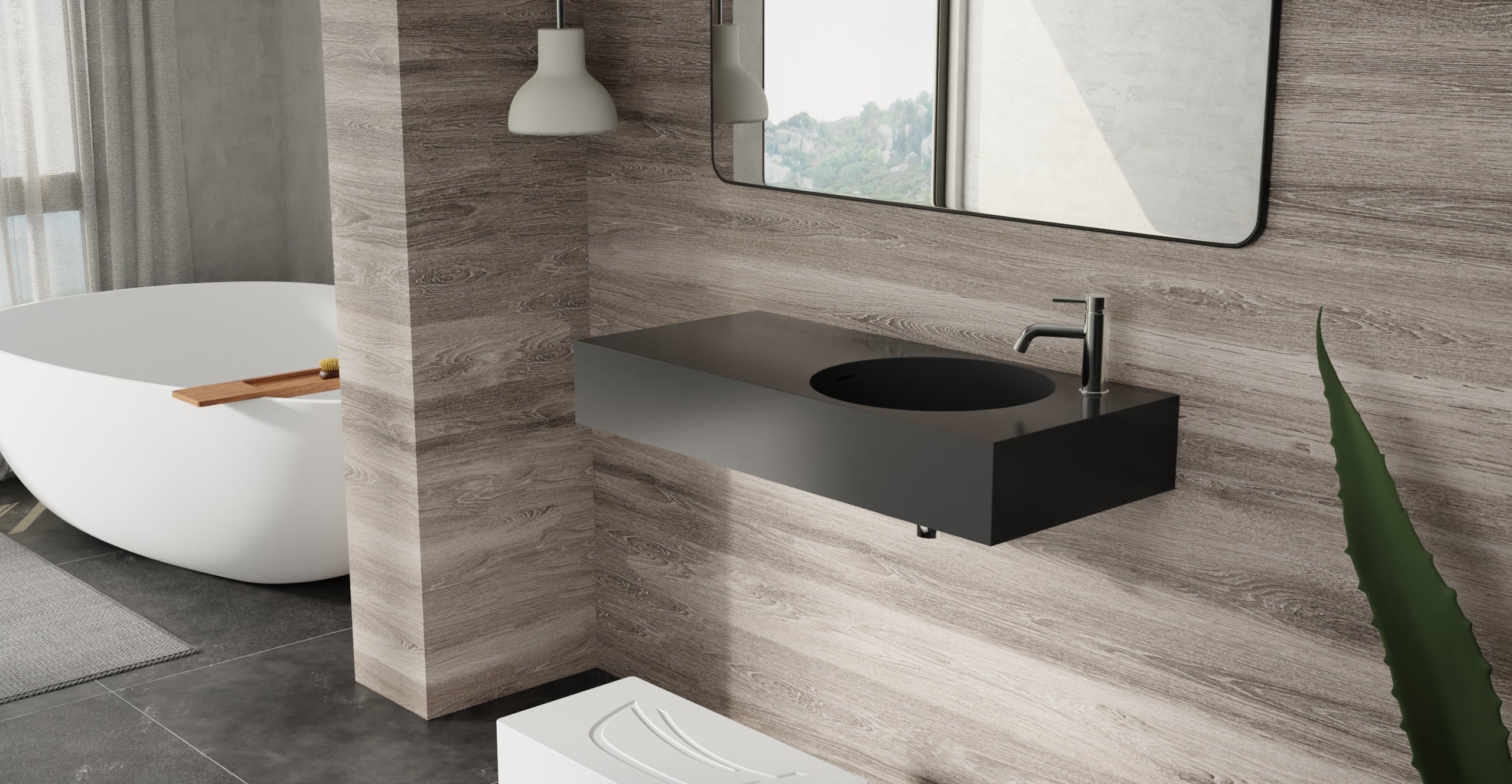 Badeloft WT-02-B glossy black wall-mounted sink, bathroom top-view lifestyle