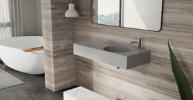 Badeloft WT-02-B glossy gray wall-mounted sink, bathroom top-view lifestyle