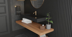 Badeloft WT-03 glossy black wall-mounted sink, bathroom top-view lifestyle