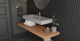Badeloft WT-03 glossy gray wall-mounted sink, bathroom top-view lifestyle