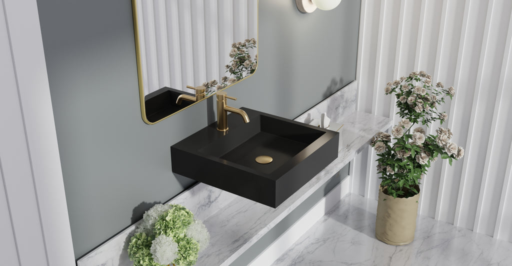 Badeloft WT-06-S glossy black wall-mounted sink, bathroom top-view lifestyle