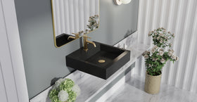 Badeloft WT-06-S glossy black wall-mounted sink, bathroom top-view lifestyle