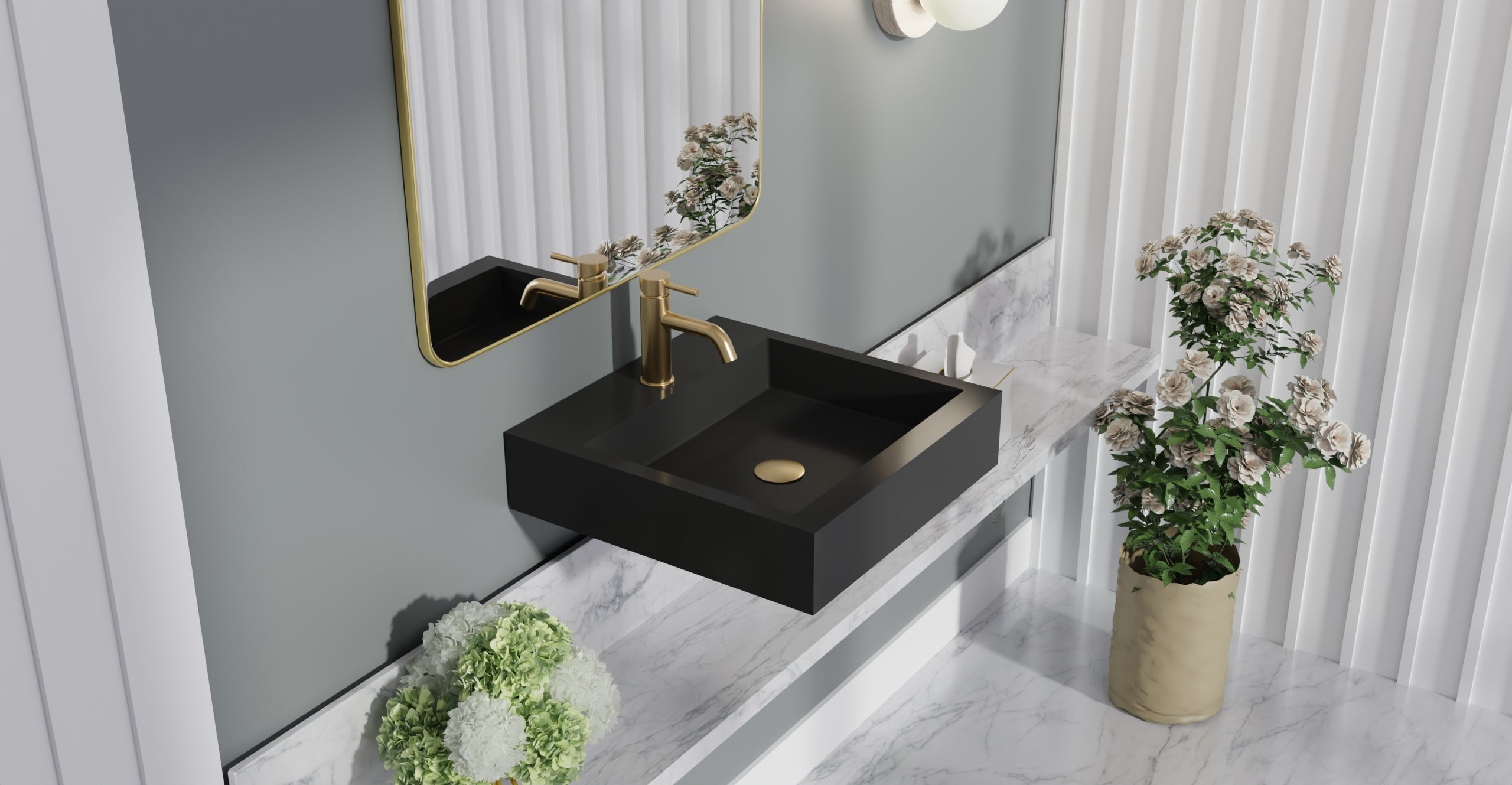 Badeloft WT-06-S glossy black wall-mounted sink, bathroom top-view lifestyle