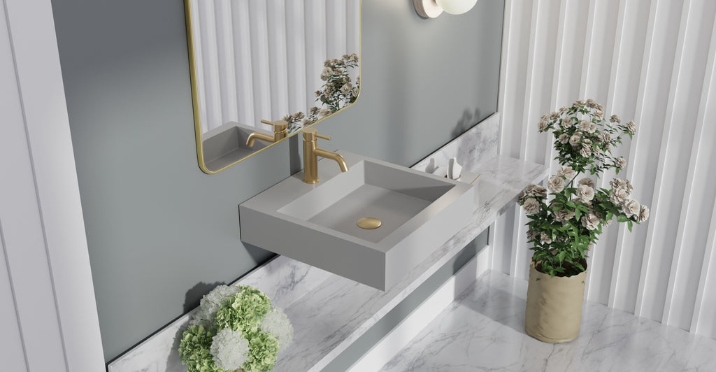 Badeloft WT-06-S glossy gray wall-mounted sink, bathroom top-view lifestyle