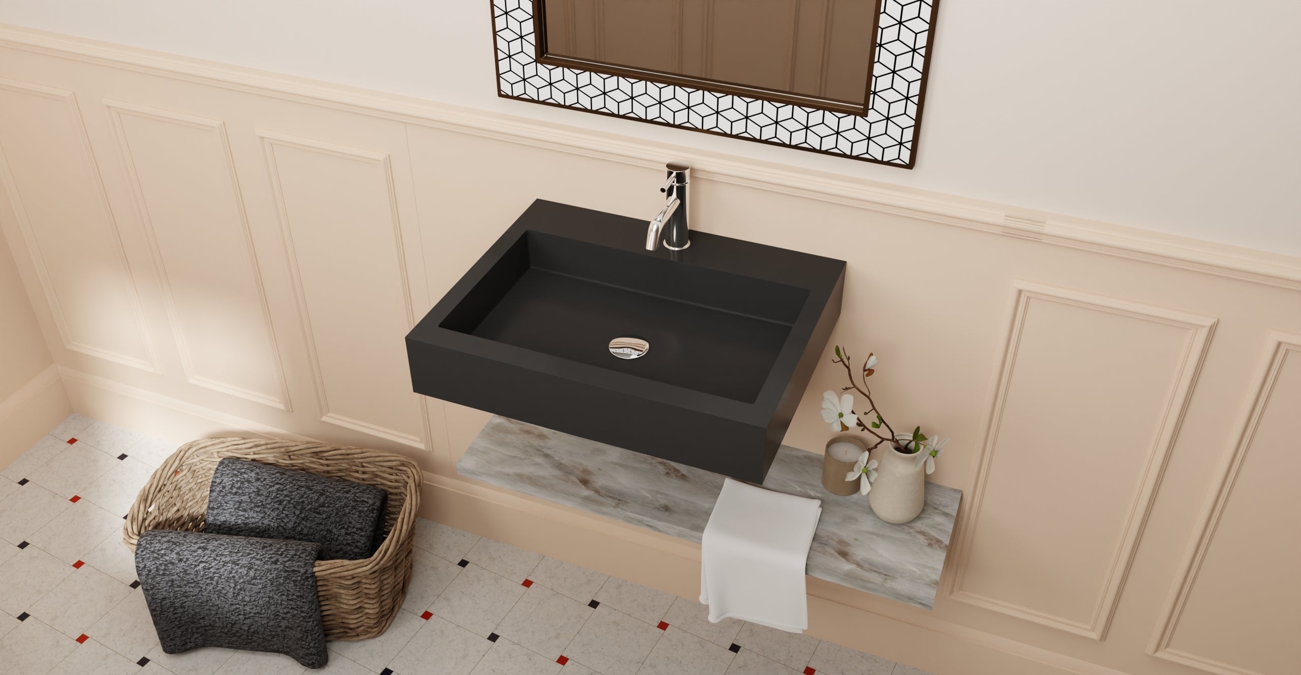 Badeloft WT-06-M glossy black wall-mounted sink, bathroom top-view lifestyle