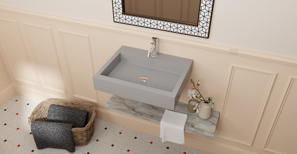 Badeloft WT-06-M glossy gray wall-mounted sink, bathroom top-view lifestyle