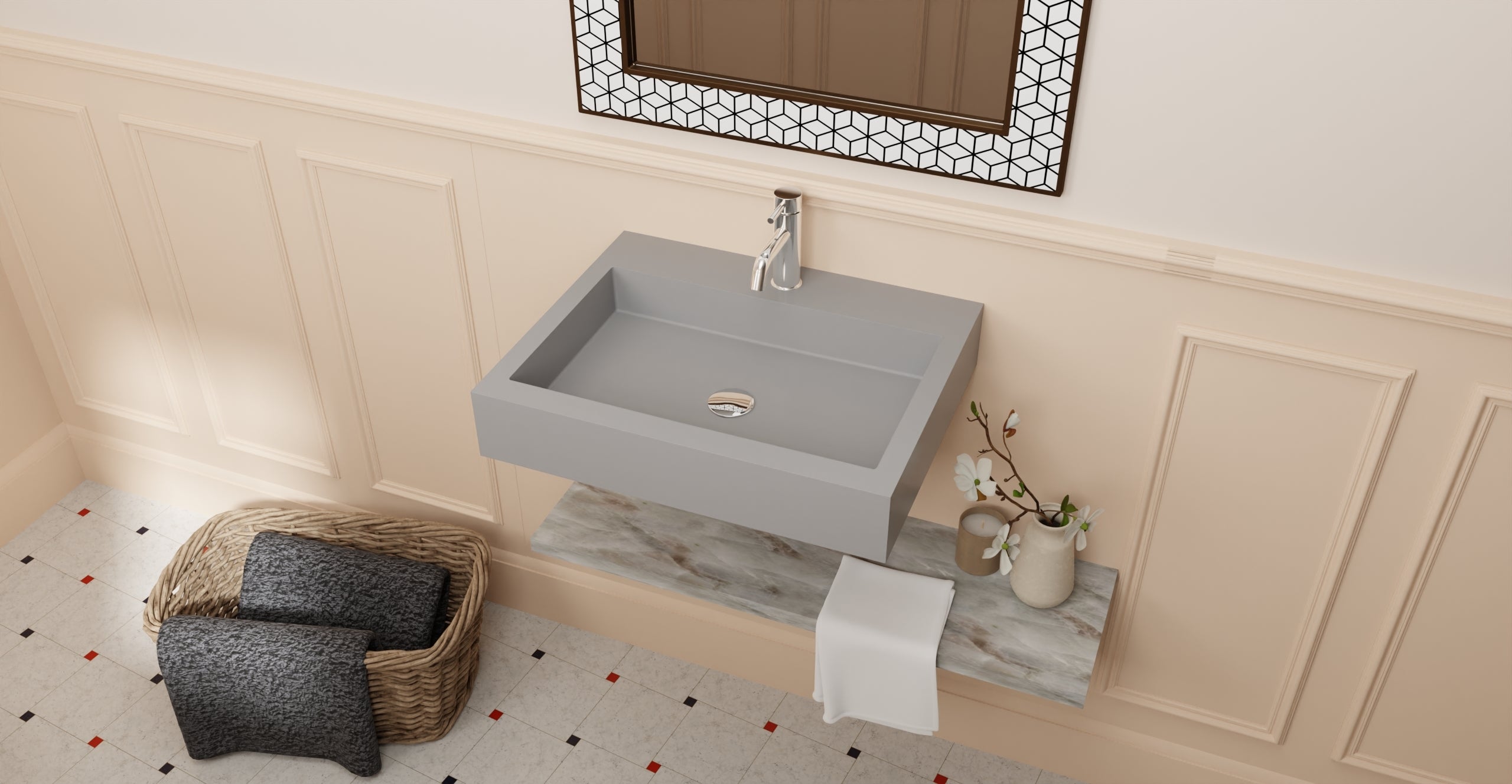 Badeloft WT-06-M glossy gray wall-mounted sink, bathroom top-view lifestyle