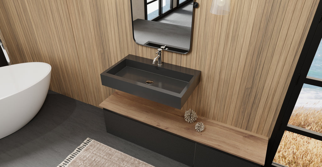 Badeloft WT-06-L glossy black wall-mounted sink, bathroom top-view lifestyle