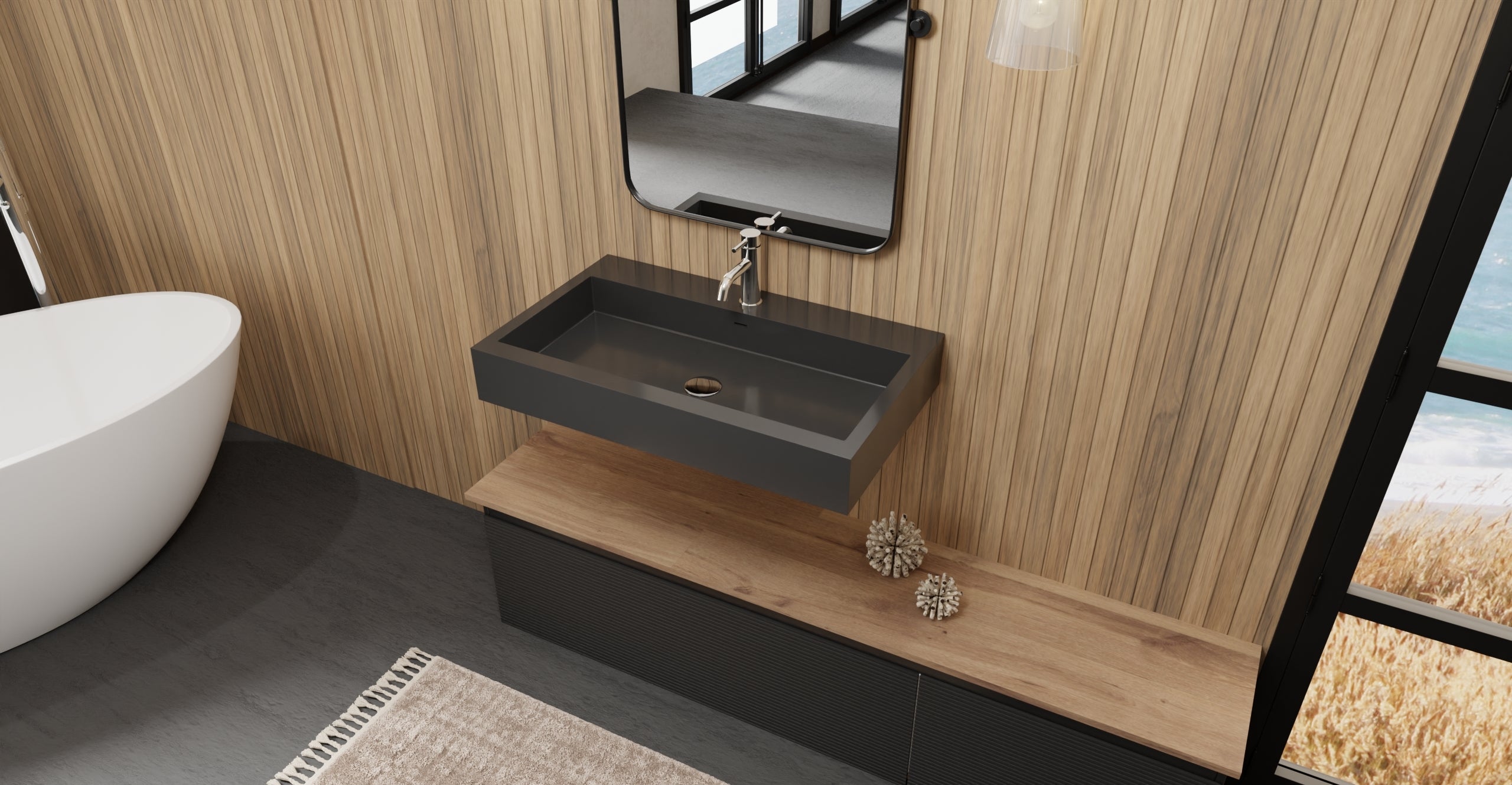 Badeloft WT-06-L glossy black wall-mounted sink, bathroom top-view lifestyle