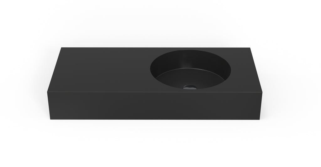 Badeloft WT-02-B glossy black wall-mounted sink, front product view on white background