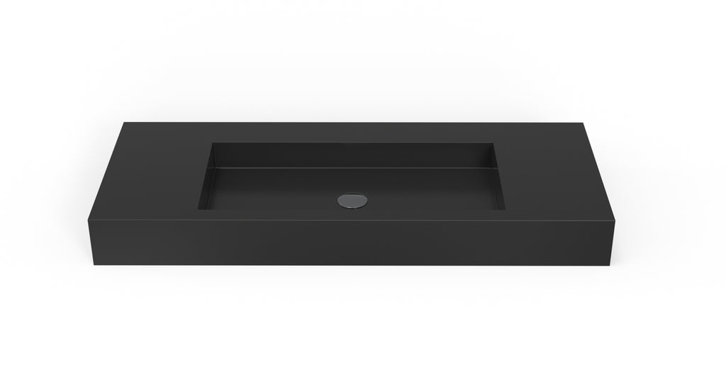 Badeloft WT-03 glossy black wall-mounted sink, front product view on white background