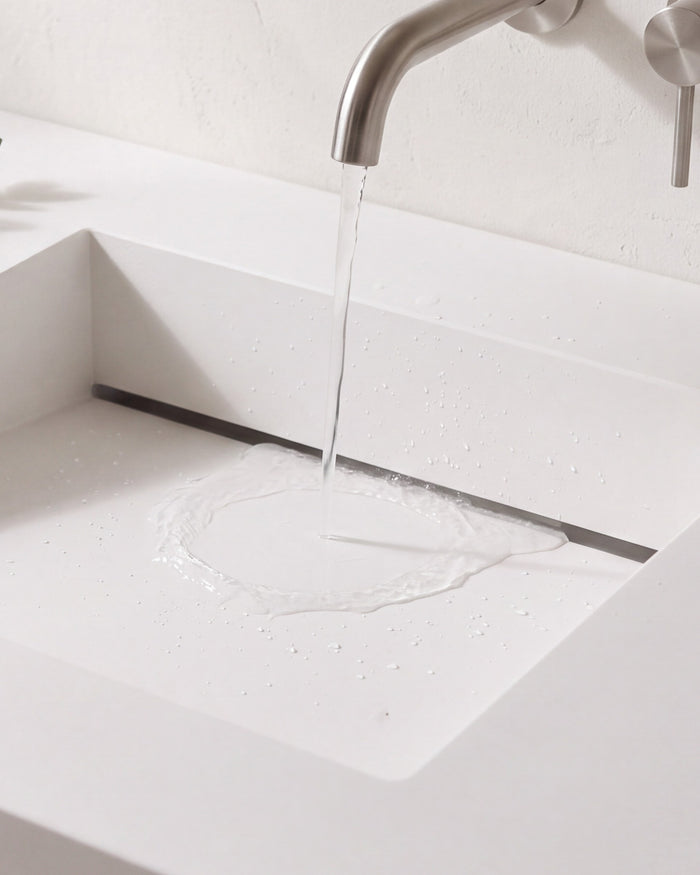 Badeloft details portrait 2026: water running down the ramp to the hidden slot drain