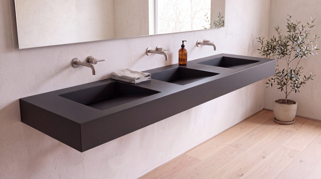 90" ADA Triple Ramp Sink, Wall Mounted in matte black stone resin, wall mounted in a bright bathroom