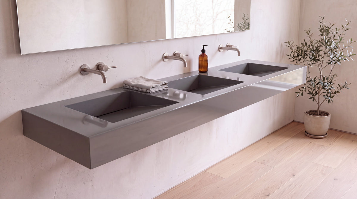 90" ADA Triple Ramp Sink, Wall Mounted in glossy grey stone resin, wall mounted in a bright bathroom