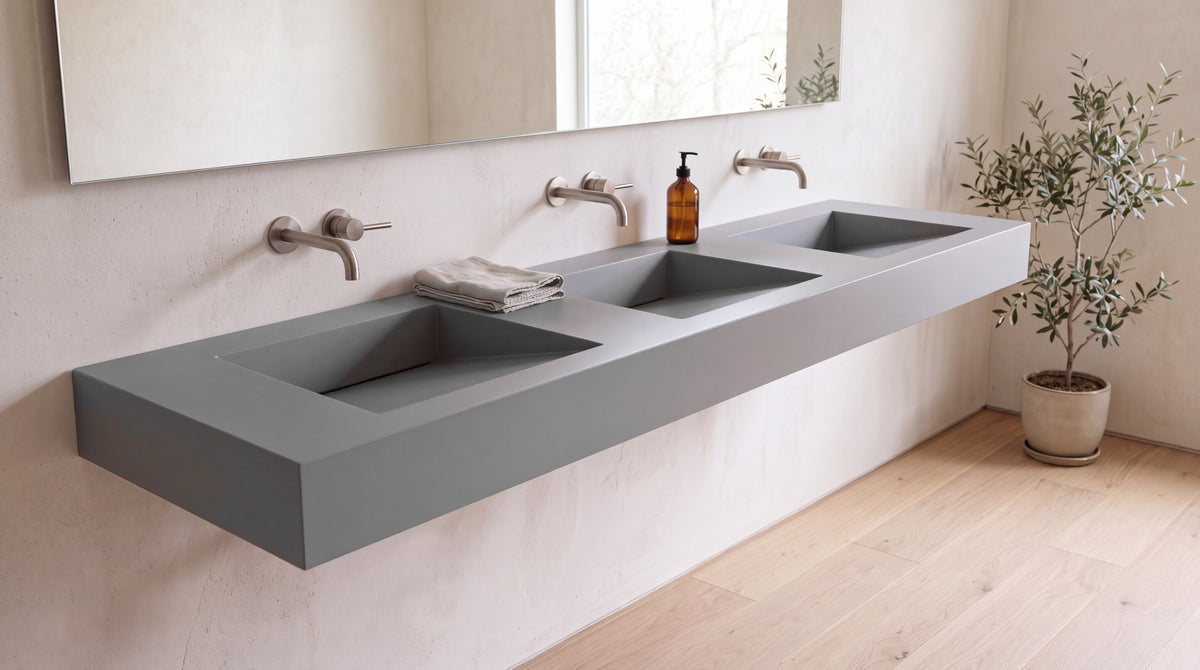 90" ADA Triple Ramp Sink, Wall Mounted in matte grey stone resin, wall mounted in a bright bathroom