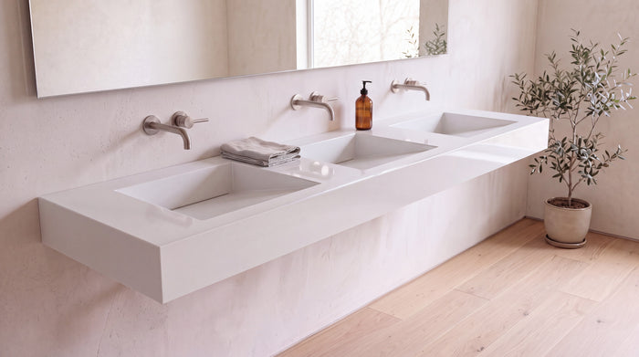 90" ADA Triple Ramp Sink, Wall Mounted in glossy white stone resin, wall mounted in a bright bathroom