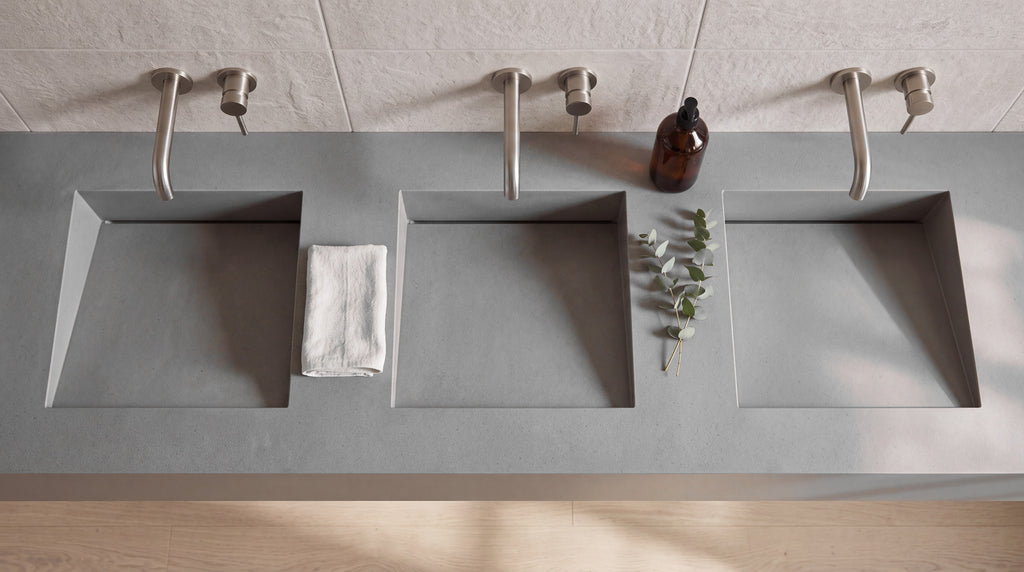 90" ADA Triple Ramp Sink, Wall Mounted, top-down view of the three ramp basins with the slot drain along the back wall