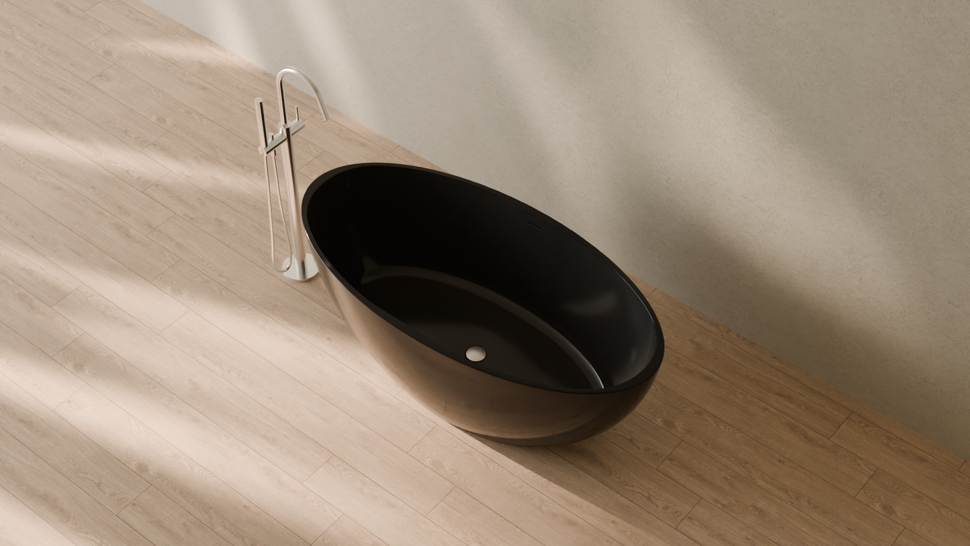 Badeloft render 2026 | BW-04-L | Black | Bathtub_Glossy_Black__Camera_Angle_2.png — in the bathroom