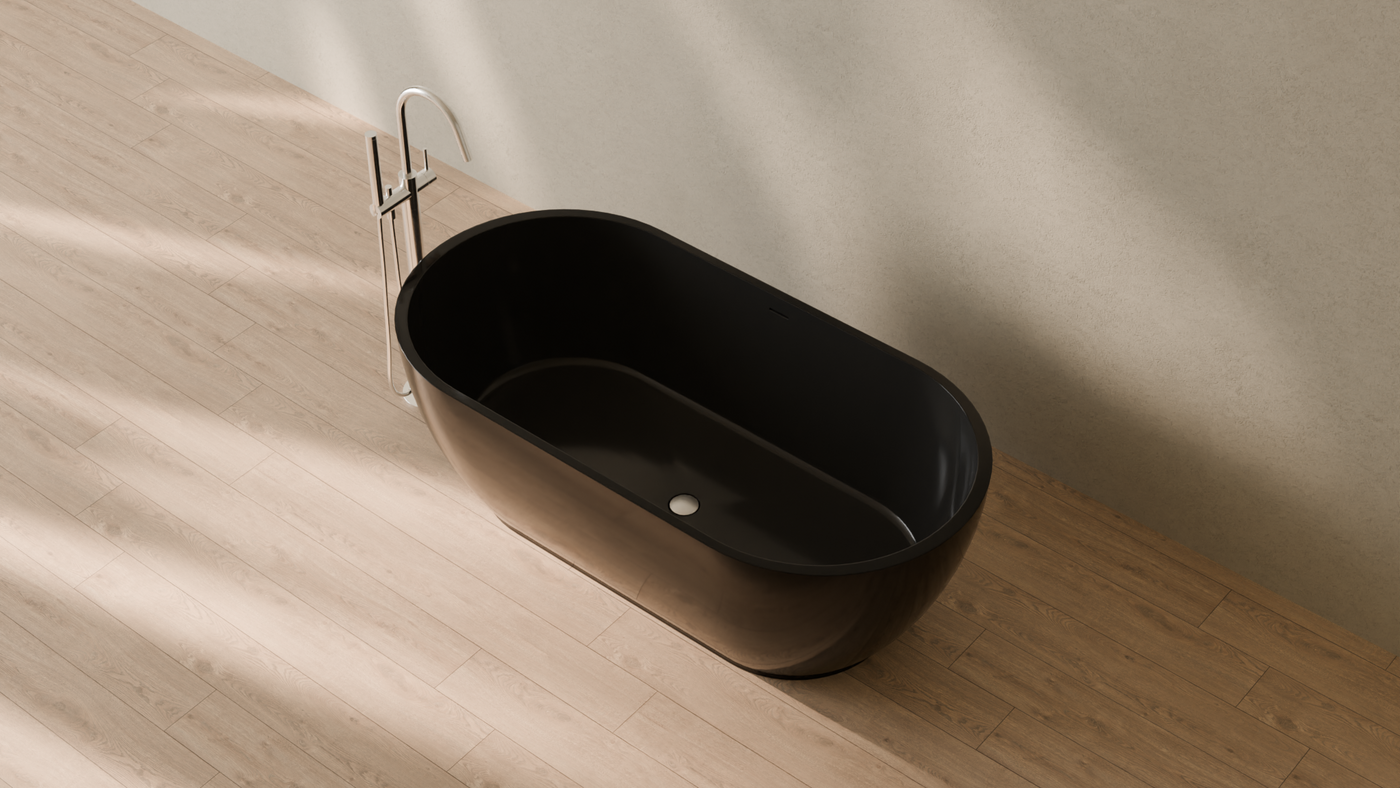 Badeloft render 2026 | BW-02-M | Black | Bathtub_Glossy_Black__Camera_Angle_2.png — in the bathroom