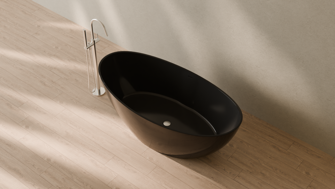 Badeloft render 2026 | BW-03-L | Black | Bathtub_Glossy_Black__Camera_Angle_2.png — in the bathroom