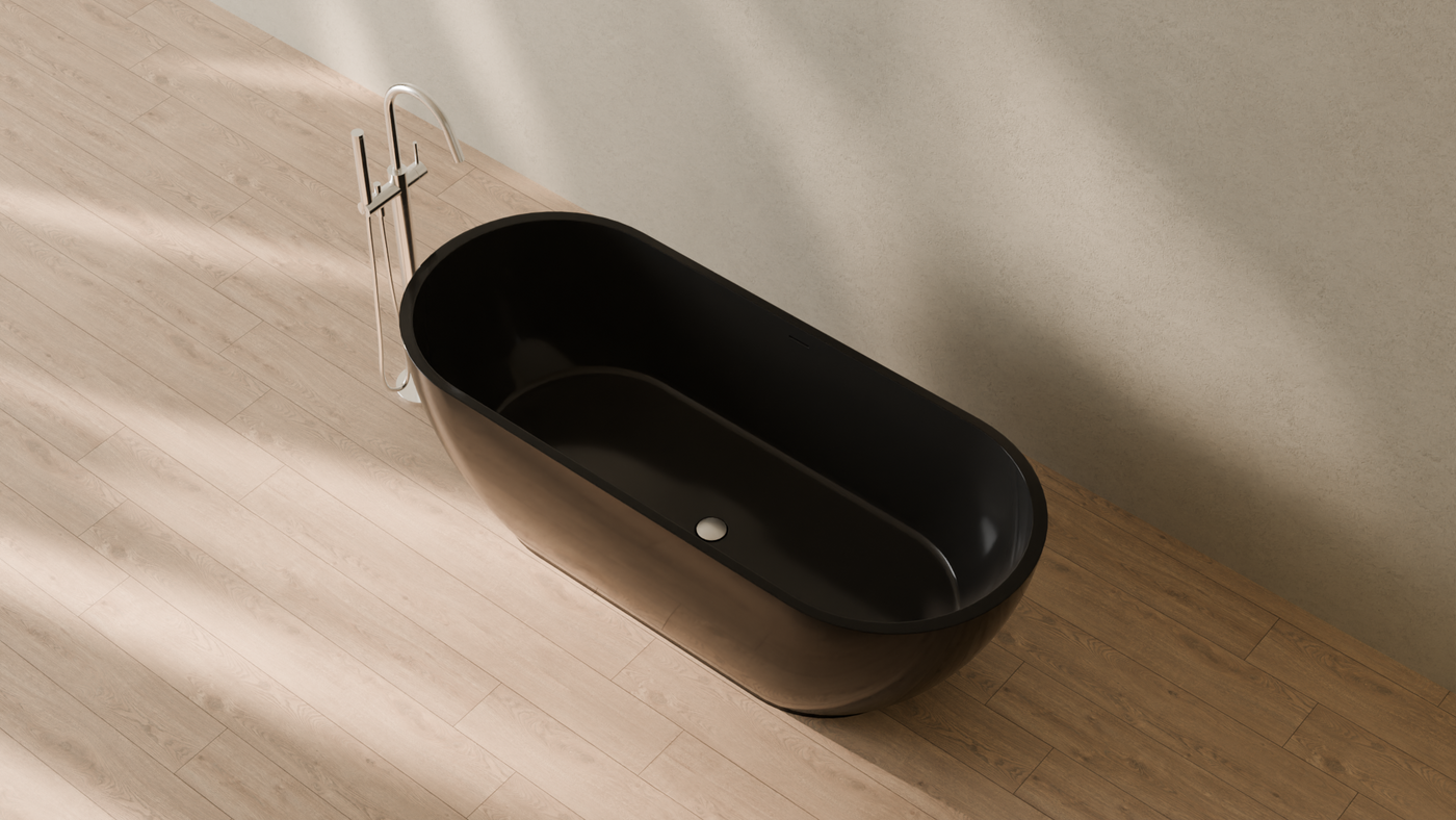 Badeloft render 2026 | BW-02-L | Black | Bathtub_Glossy_Black__Camera_Angle_2.png — in the bathroom