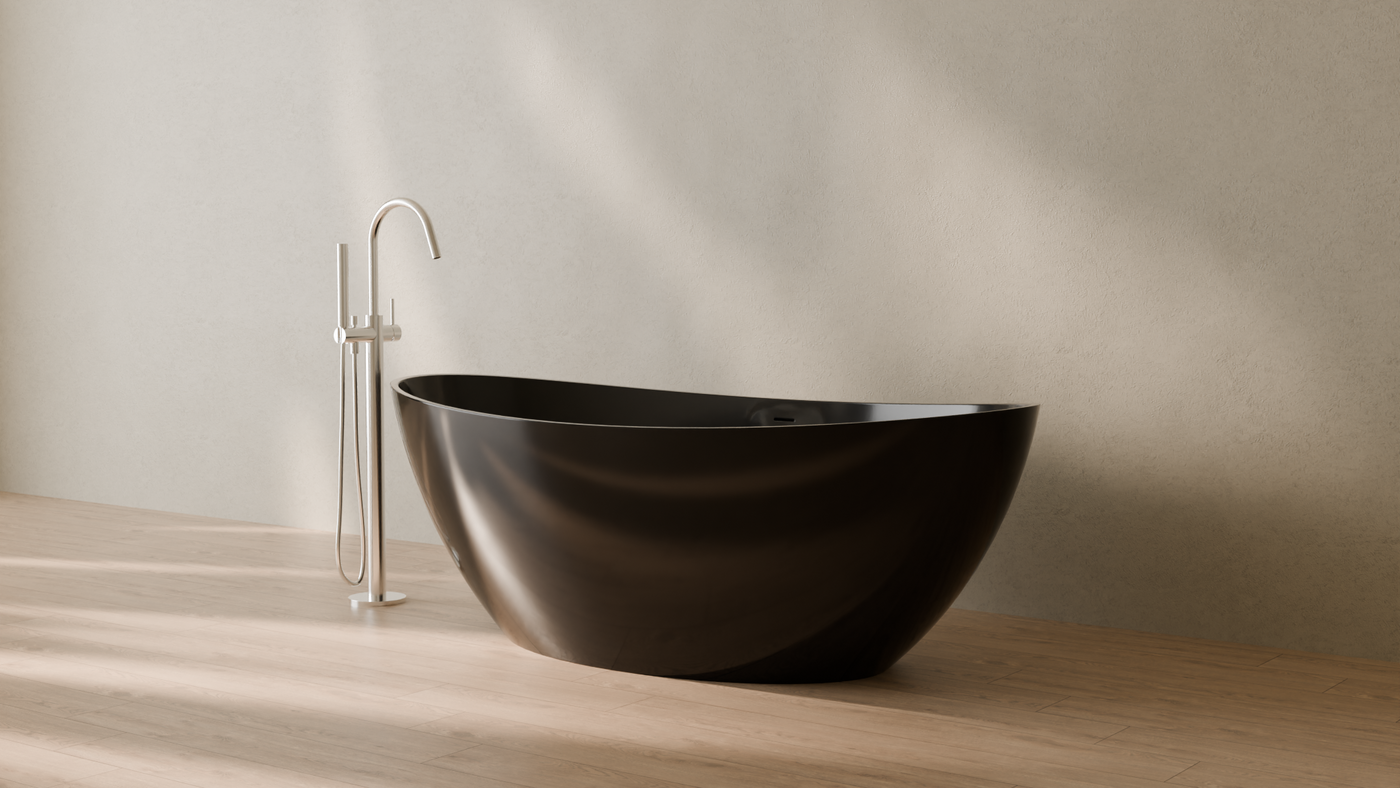 Badeloft render 2026 | BW-03-L | Black | Bathtub_Glossy_Black__Camera_Angle_3.png — in the bathroom