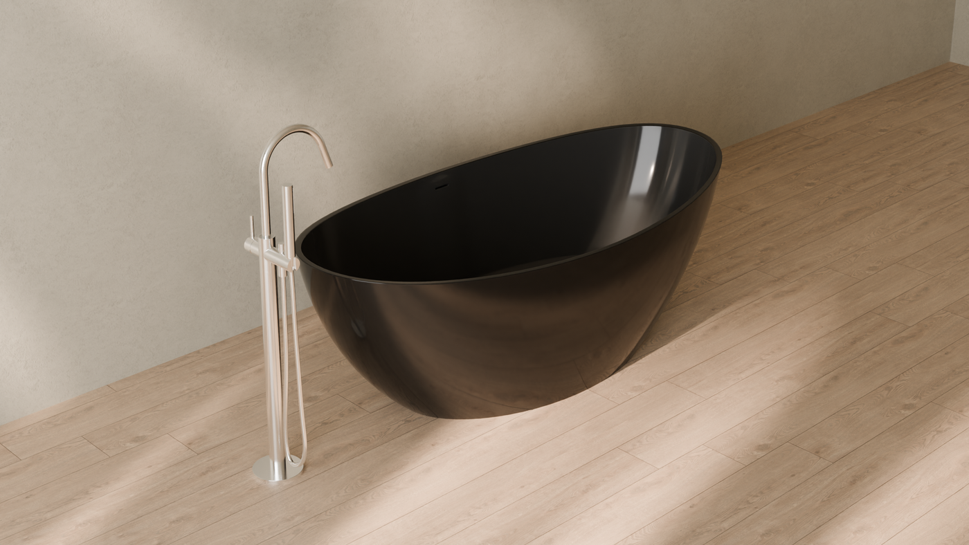 Badeloft render 2026 | BW-03-L | Black | Bathtub_Glossy_Black__Camera_Angle_4.png — in the bathroom