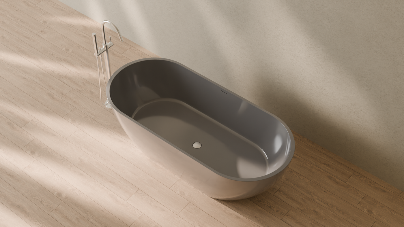 Badeloft render 2026 | BW-02-XL | Grey | Bathtub_Glossy_Grey__Camera_Angle_2.png — in the bathroom