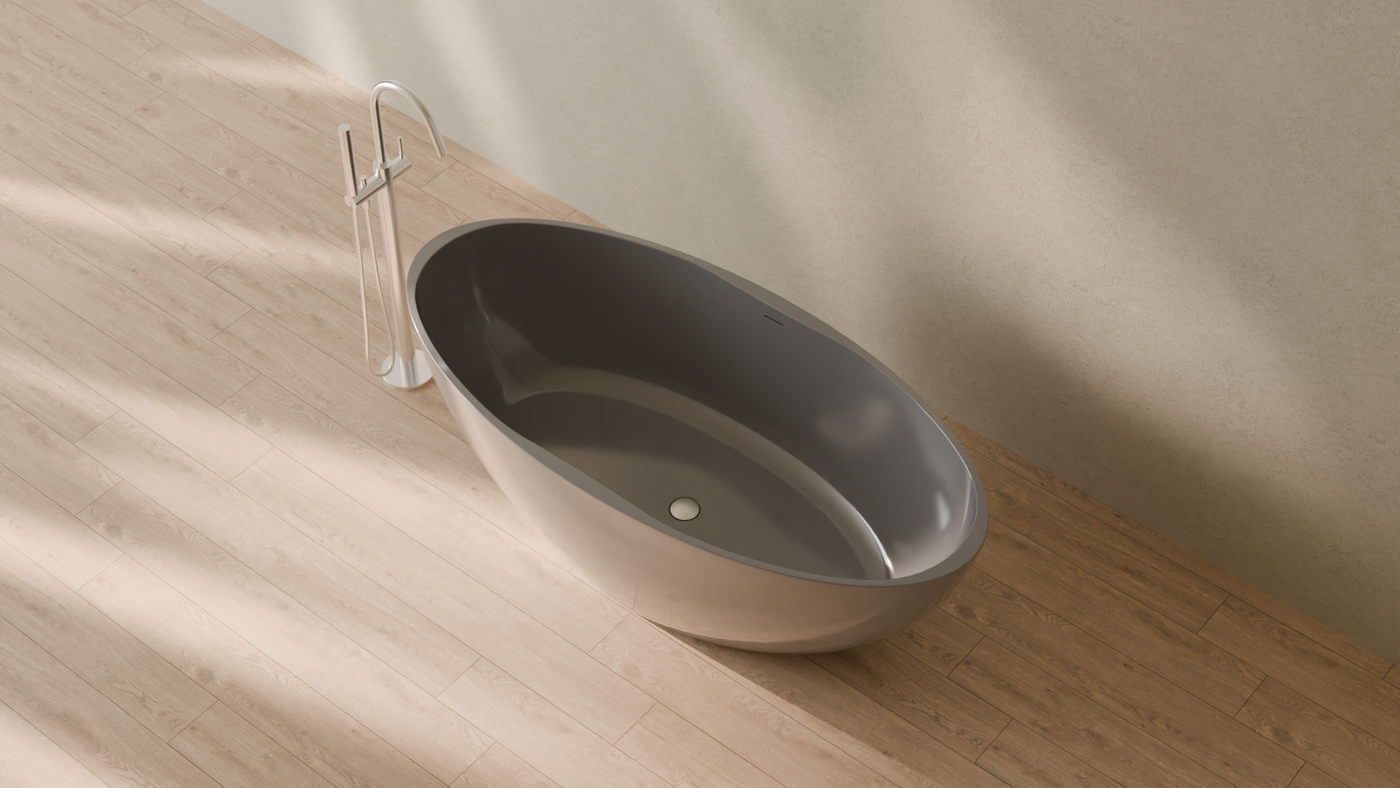 Badeloft render 2026 | BW-04-XL | Grey | Bathtub_Glossy_Grey__Camera_Angle_2.png — in the bathroom