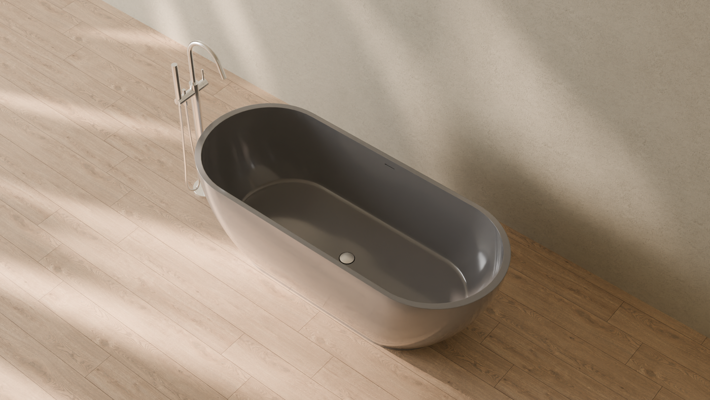 Badeloft render 2026 | BW-02-L | Grey | Bathtub_Glossy_Grey__Camera_Angle_2.png — in the bathroom