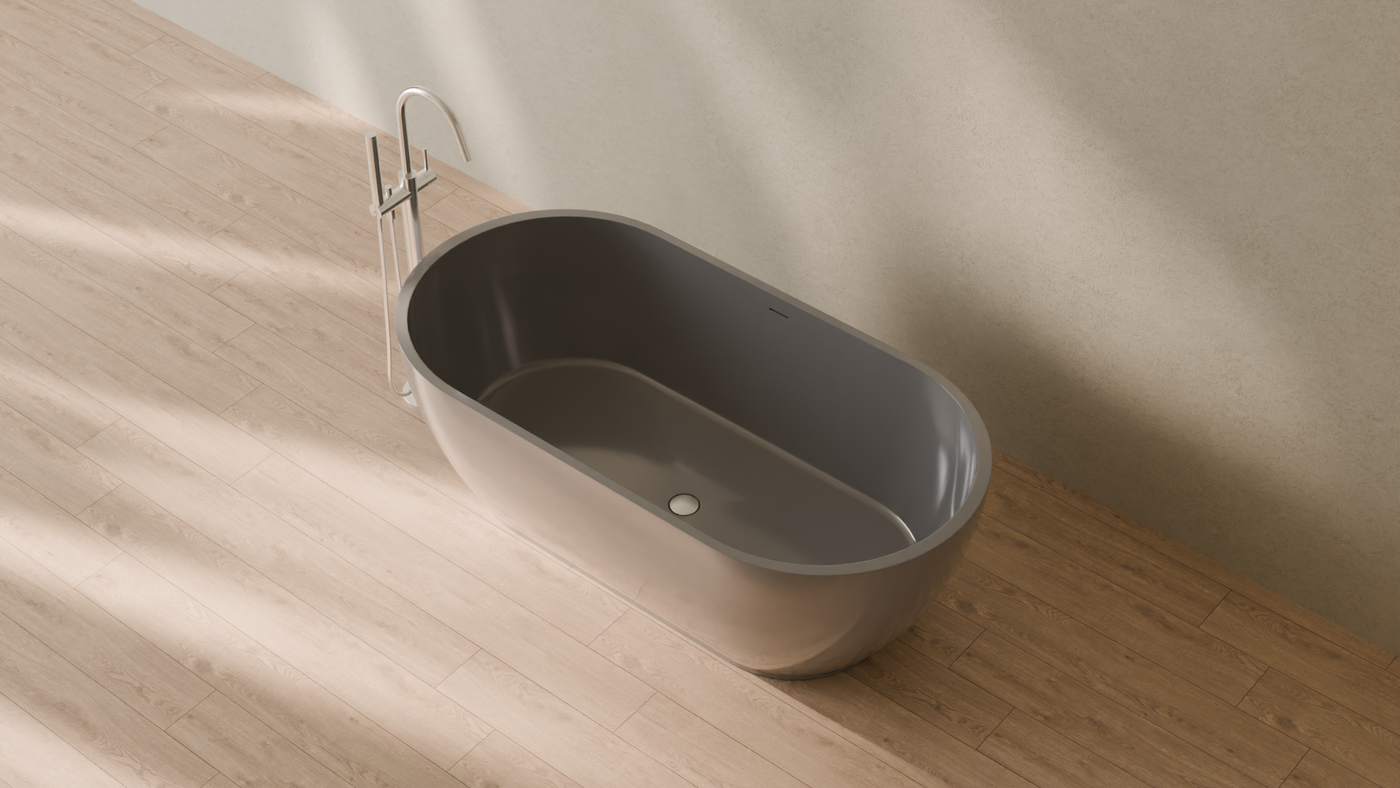 Badeloft render 2026 | BW-02-M | Grey | Bathtub_Glossy_Grey__Camera_Angle_2.png — in the bathroom