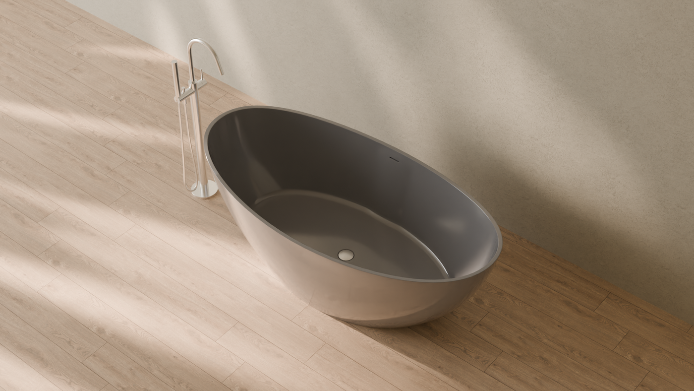 Badeloft render 2026 | BW-03-L | Grey | Bathtub_Glossy_Grey__Camera_Angle_2.png — in the bathroom