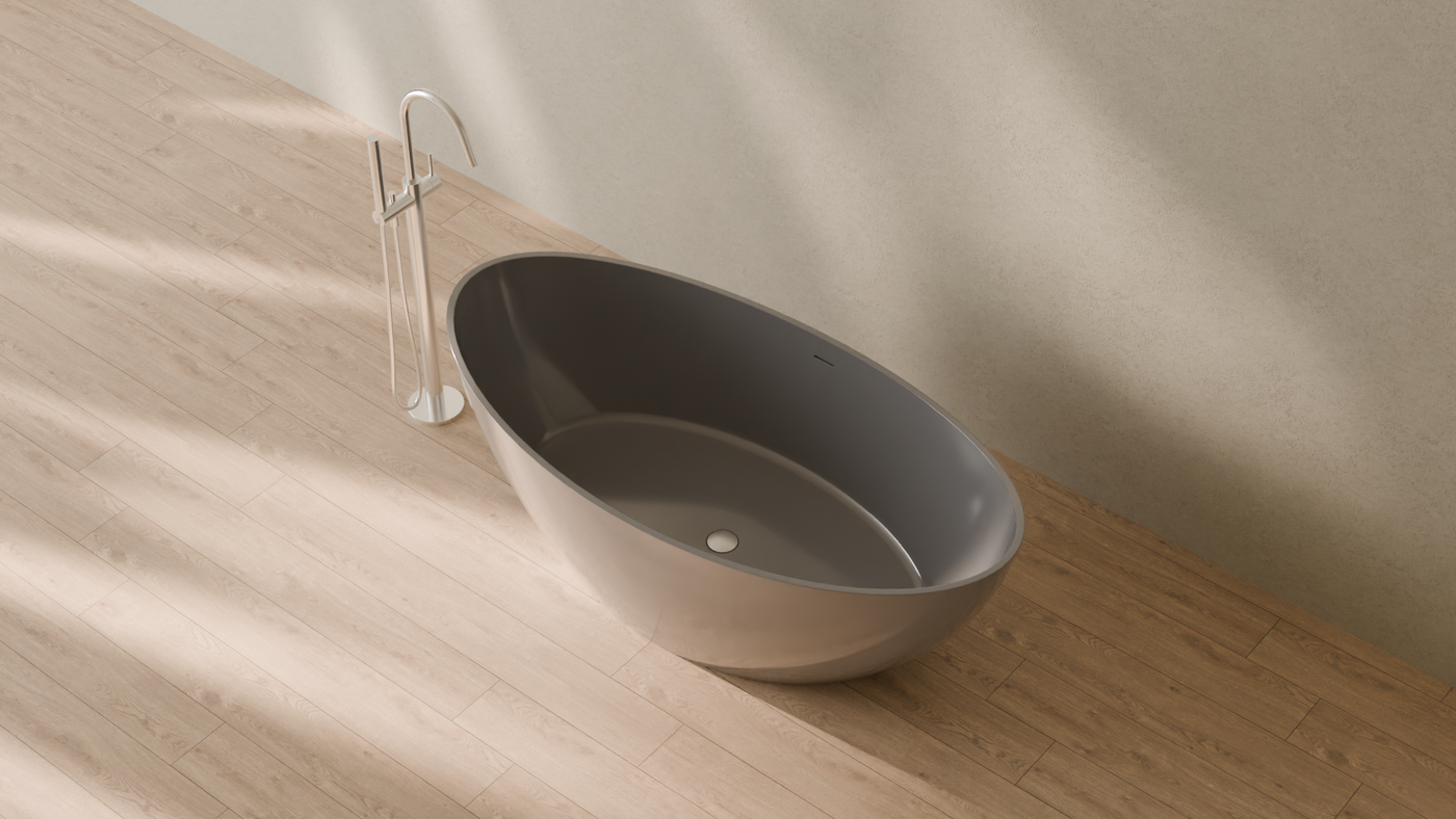 Badeloft render 2026 | BW-03-M | Grey | Bathtub_Glossy_Grey__Camera_Angle_2.png — in the bathroom
