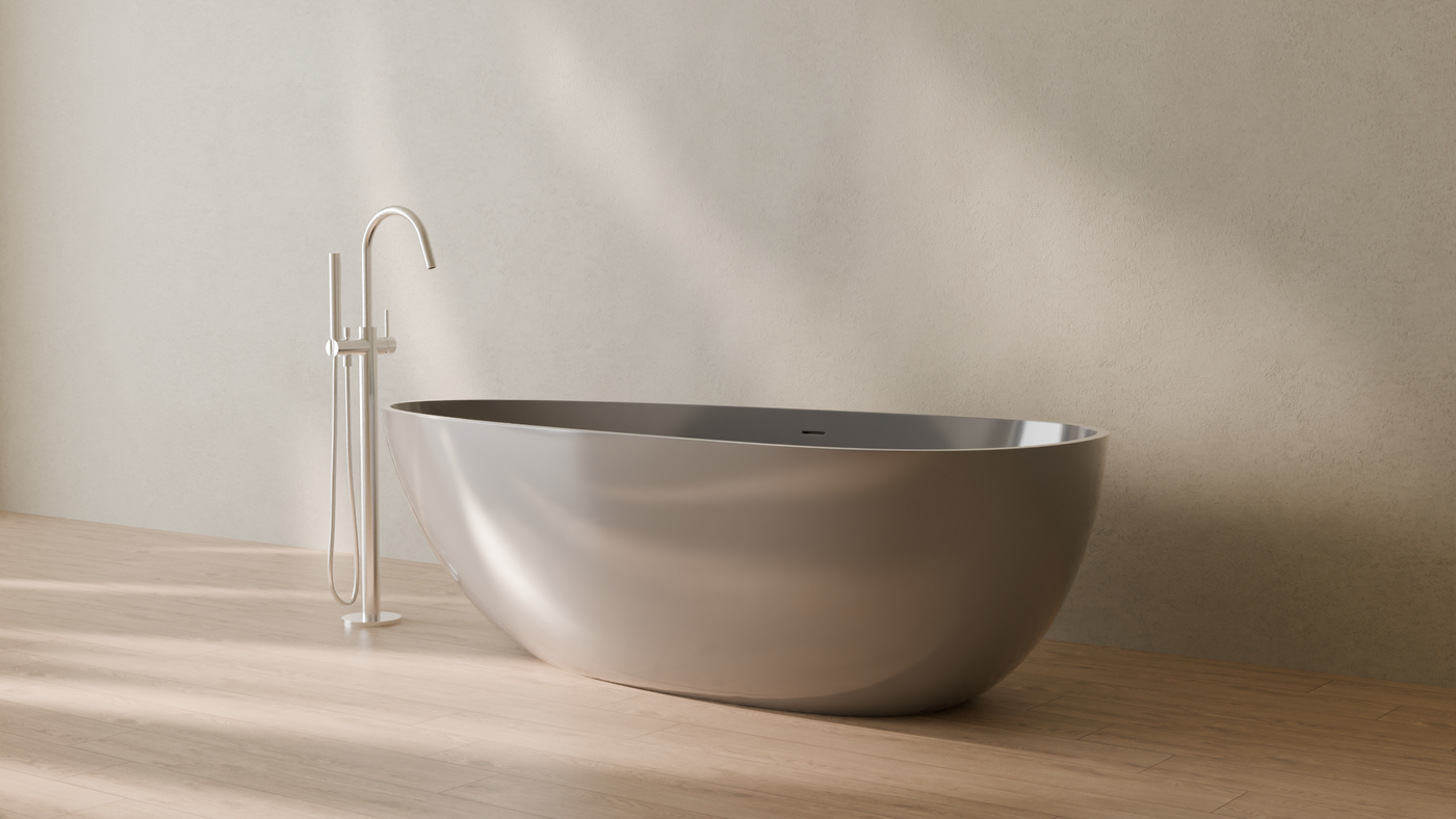 Badeloft render 2026 | BW-01-XL | Grey | Bathtub_Glossy_Grey__Camera_Angle_3.png — in the bathroom