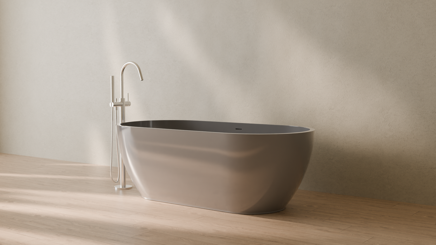 Badeloft render 2026 | BW-02-M | Grey | Bathtub_Glossy_Grey__Camera_Angle_3.png — in the bathroom