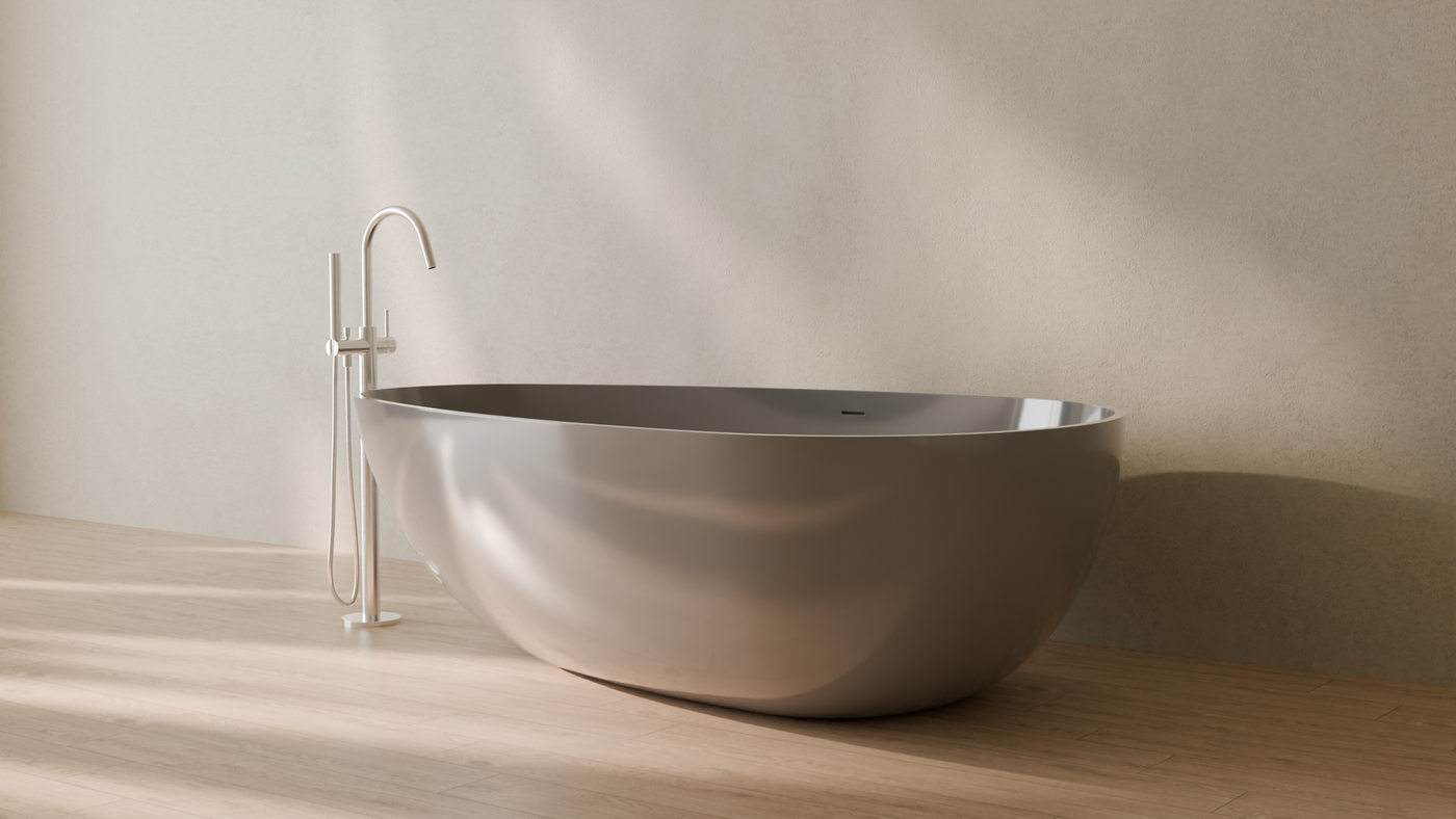 Badeloft render 2026 | BW-01-XXL | Grey | Bathtub_Glossy_Grey__Camera_Angle_3.png — in the bathroom