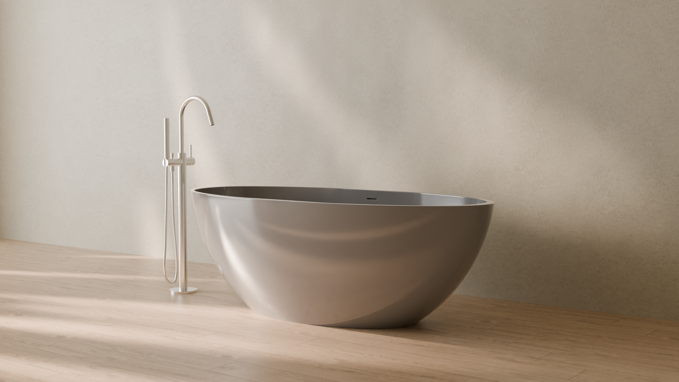 Badeloft render 2026 | BW-04-XL | Grey | Bathtub_Glossy_Grey__Camera_Angle_3.png — in the bathroom