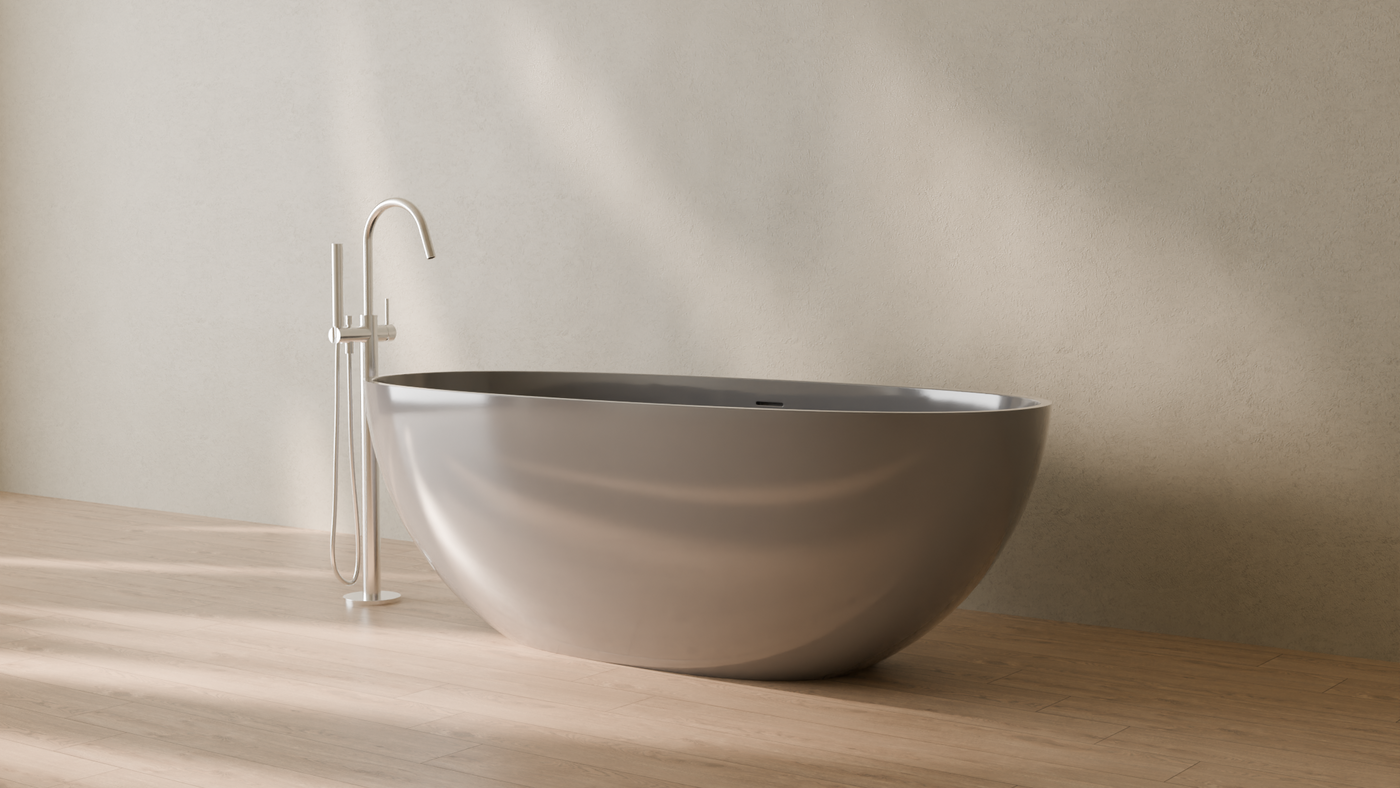 Badeloft render 2026 | BW-10-XL | Grey | Bathtub_Glossy_Grey__Camera_Angle_3.png — in the bathroom