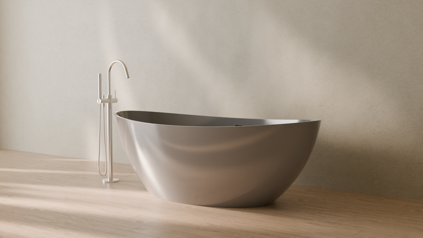 Badeloft render 2026 | BW-03-XL | Grey | Bathtub_Glossy_Grey__Camera_Angle_3.png — in the bathroom