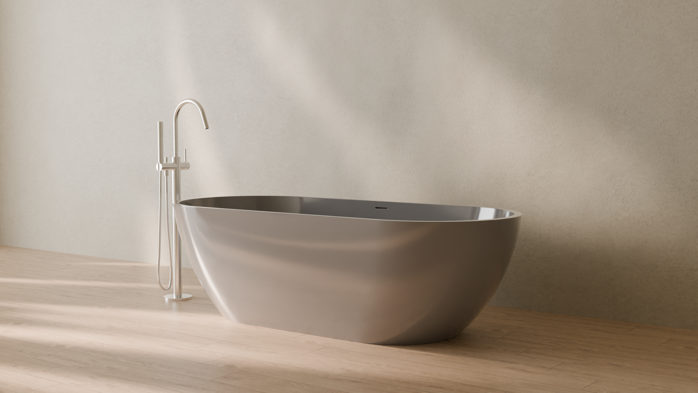 Badeloft render 2026 | BW-02-XL | Grey | Bathtub_Glossy_Grey__Camera_Angle_3.png — in the bathroom