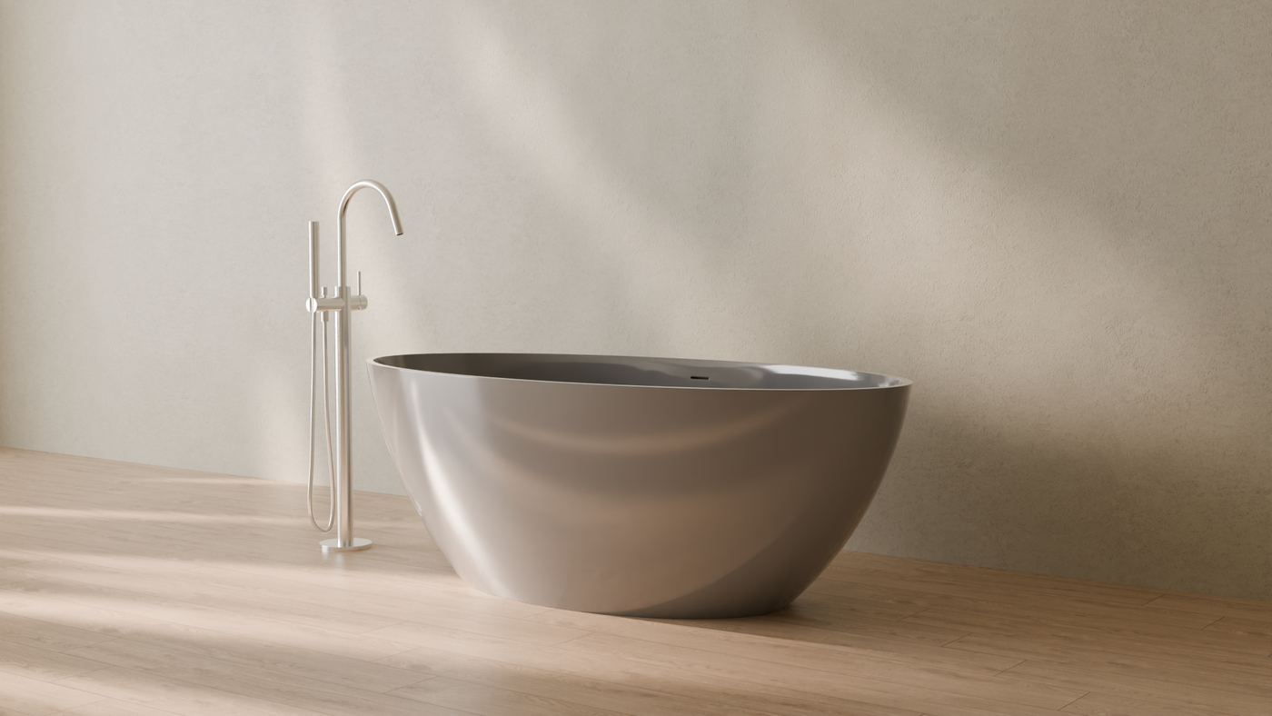 Badeloft render 2026 | BW-05-L | Grey | Bathtub_Glossy_Grey__Camera_Angle_3.png — in the bathroom