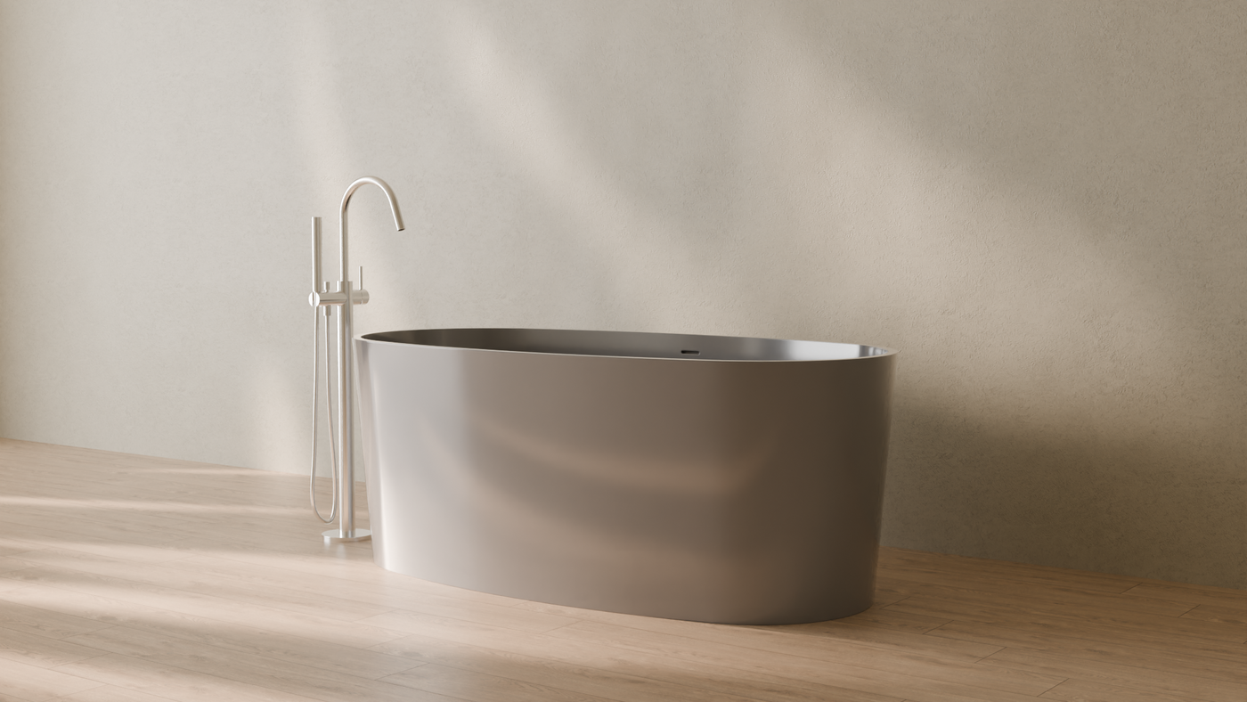 Badeloft render 2026 | BW-08 | Grey | Bathtub_Glossy_Grey__Camera_Angle_3.png — in the bathroom