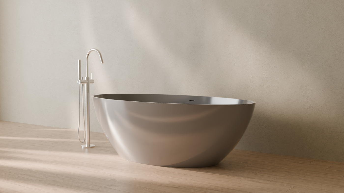 Badeloft render 2026 | BW-05-XL | Grey | Bathtub_Glossy_Grey__Camera_Angle_3.png — in the bathroom