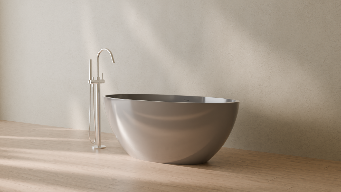 Badeloft render 2026 | BW-04-L | Grey | Bathtub_Glossy_Grey__Camera_Angle_3.png — in the bathroom