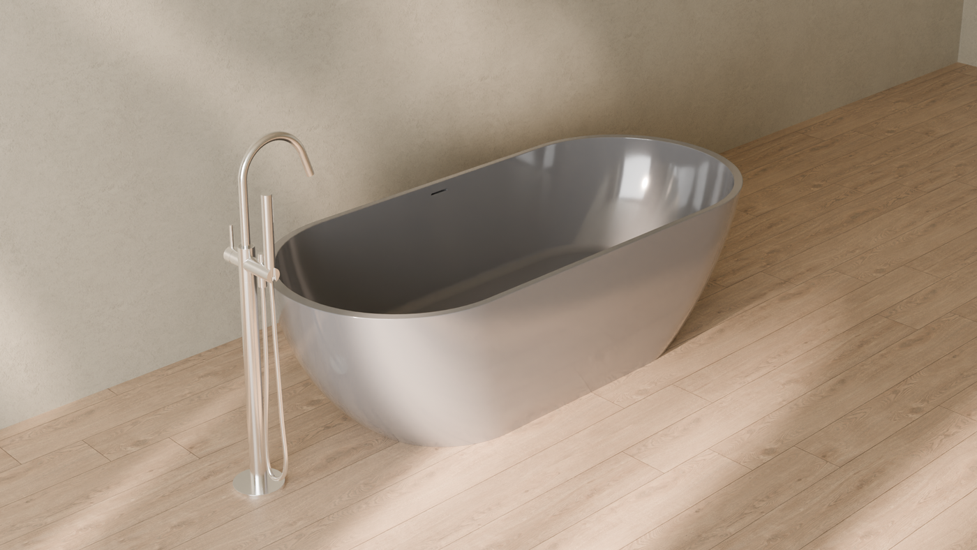 Badeloft render 2026 | BW-02-XL | Grey | Bathtub_Glossy_Grey__Camera_Angle_4.png — in the bathroom